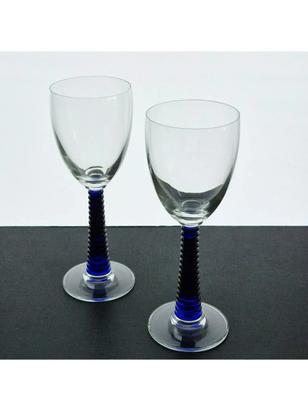 Cobalt Blue & Clear Goblet Set of 2, Textured Blue Stem Clear Bowl, Discontinued